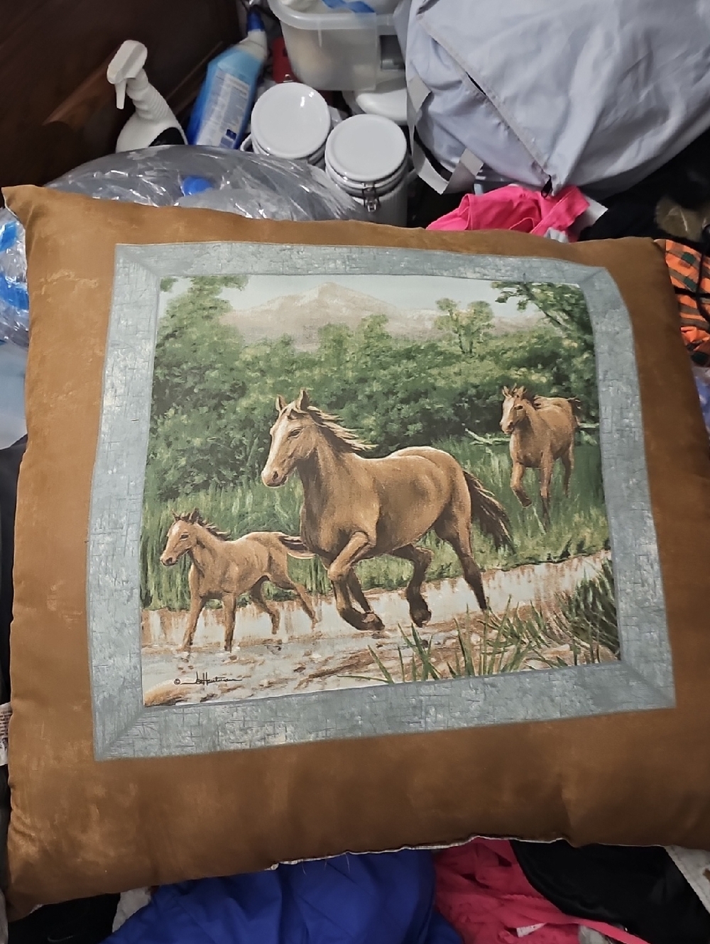 Horse Family Decorative Pillow - Brown with Scenic Print